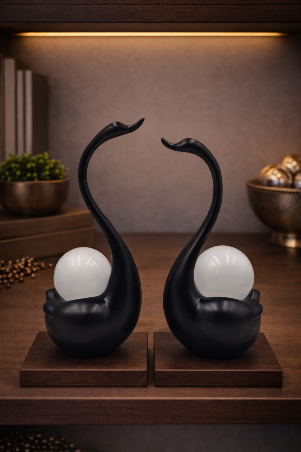 Swan Pair with Crystal Ball | Showpiece | Luxury Decor | Black