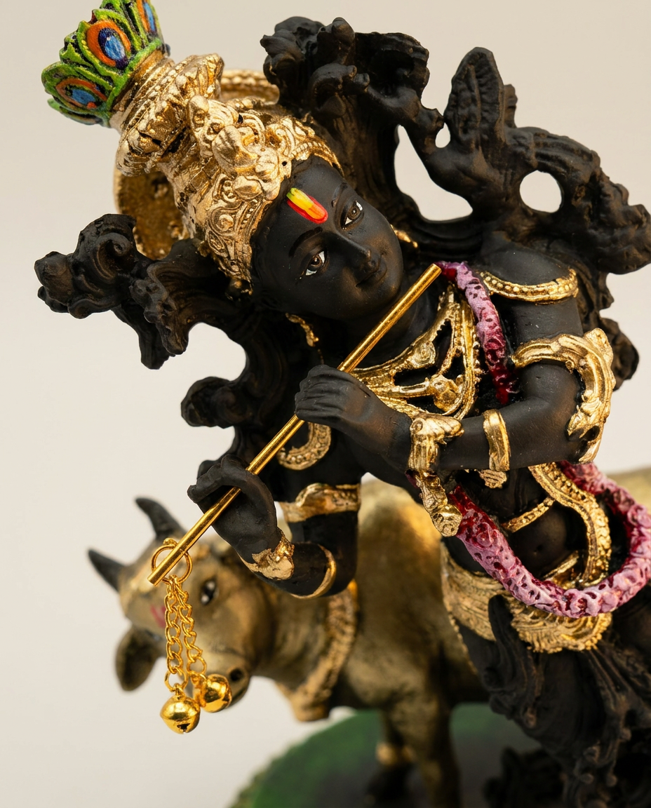 Krishna with Cow | Idol | Spiritual Decor | Black