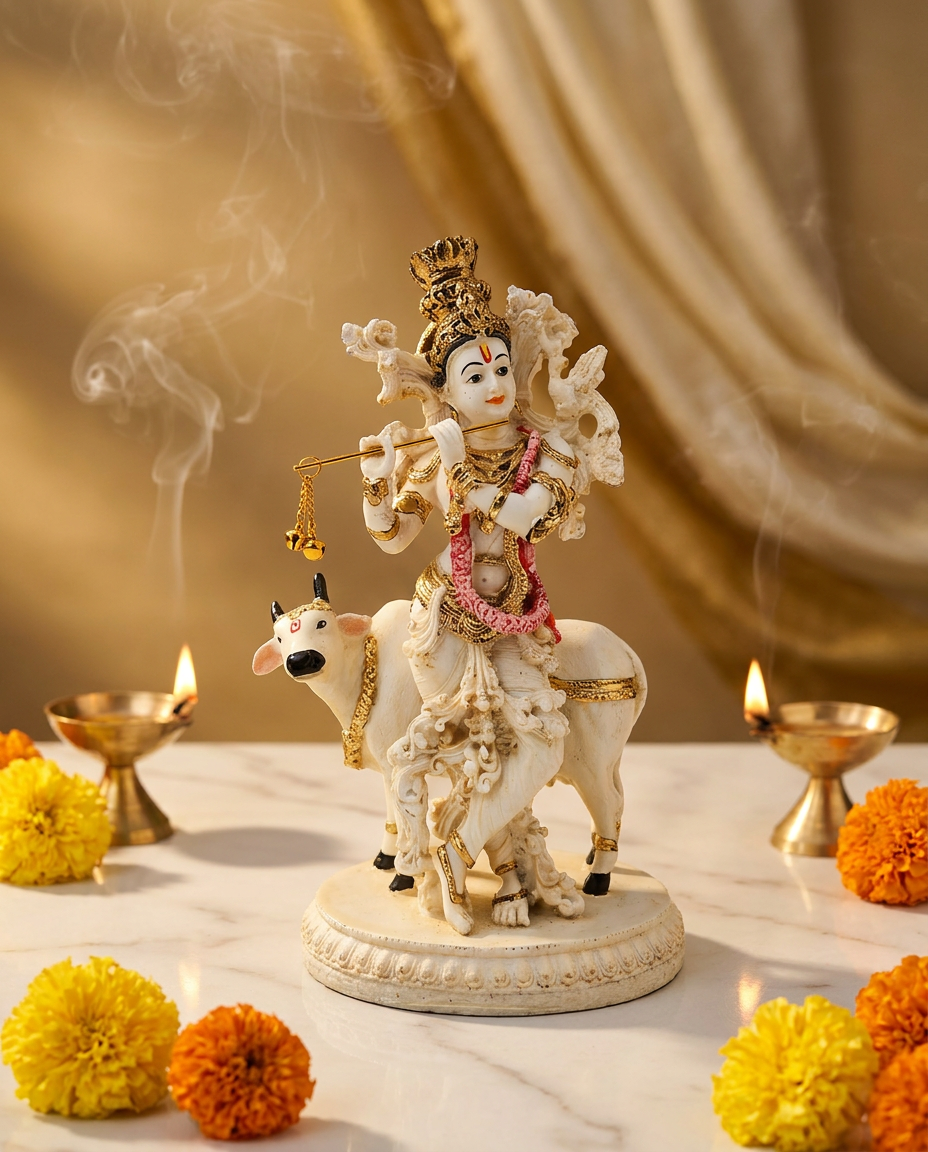 Krishna with Cow | Idol | Spiritual Decor | White