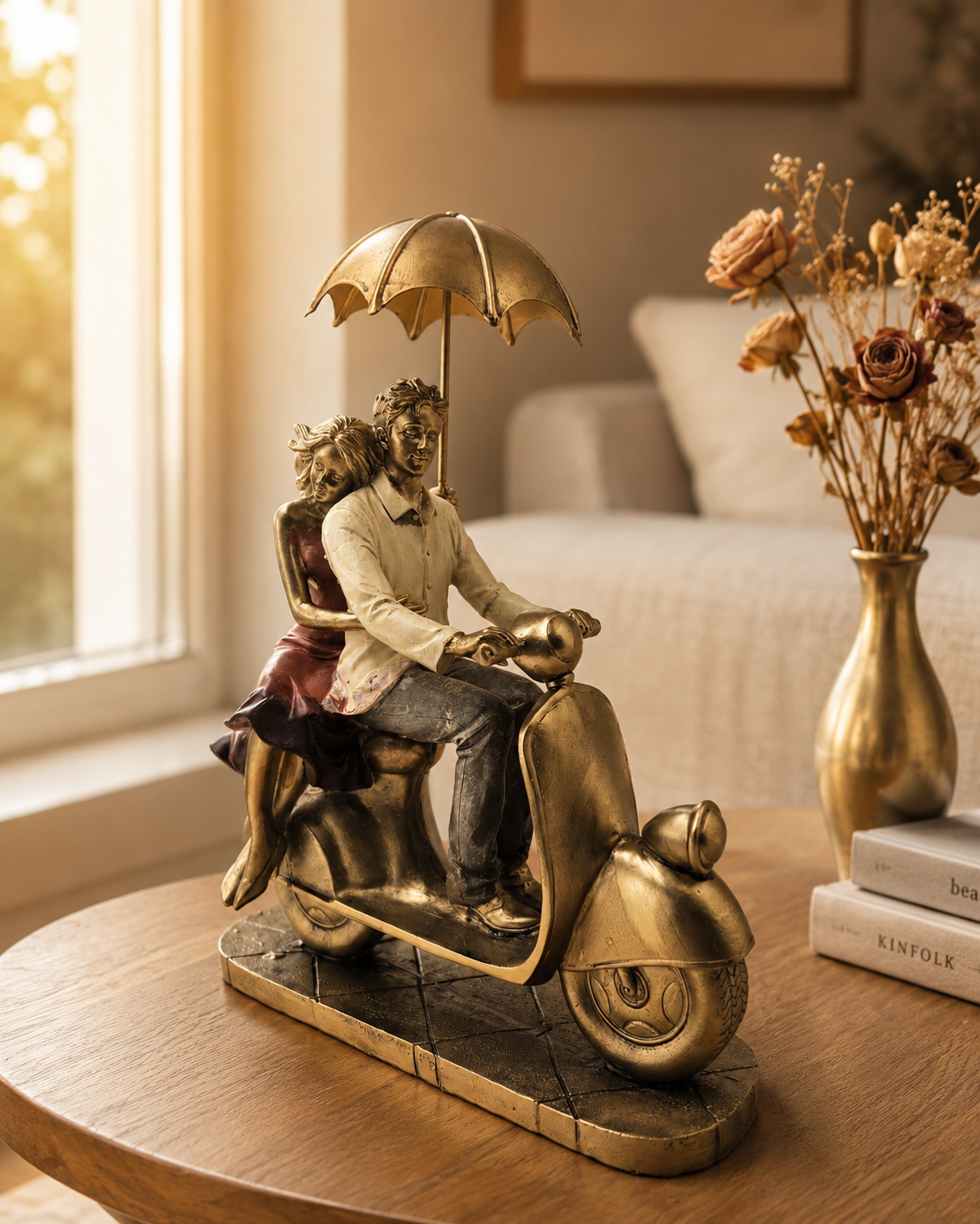 Couple Scooter with Umbrella | Figurine | Romantic Decor | Golden