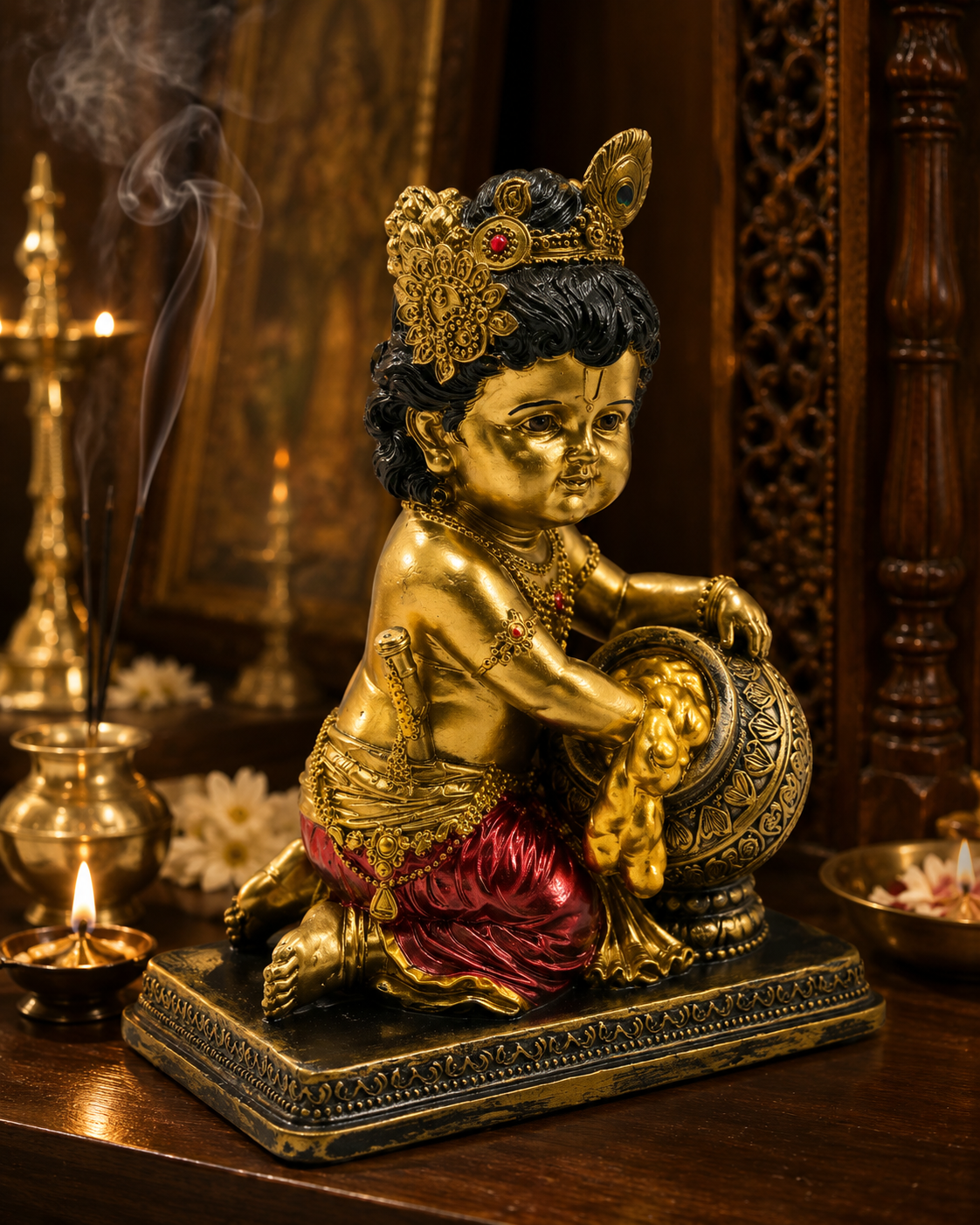 Bal Krishna with Makhan | Idol | Spiritual Decor | Golden Red