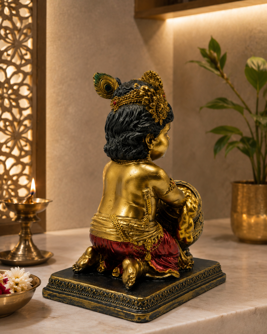 Bal Krishna with Makhan | Idol | Spiritual Decor | Golden Red