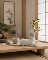 Sitting Deer Long Horn | Figurine | Nature Decor | White