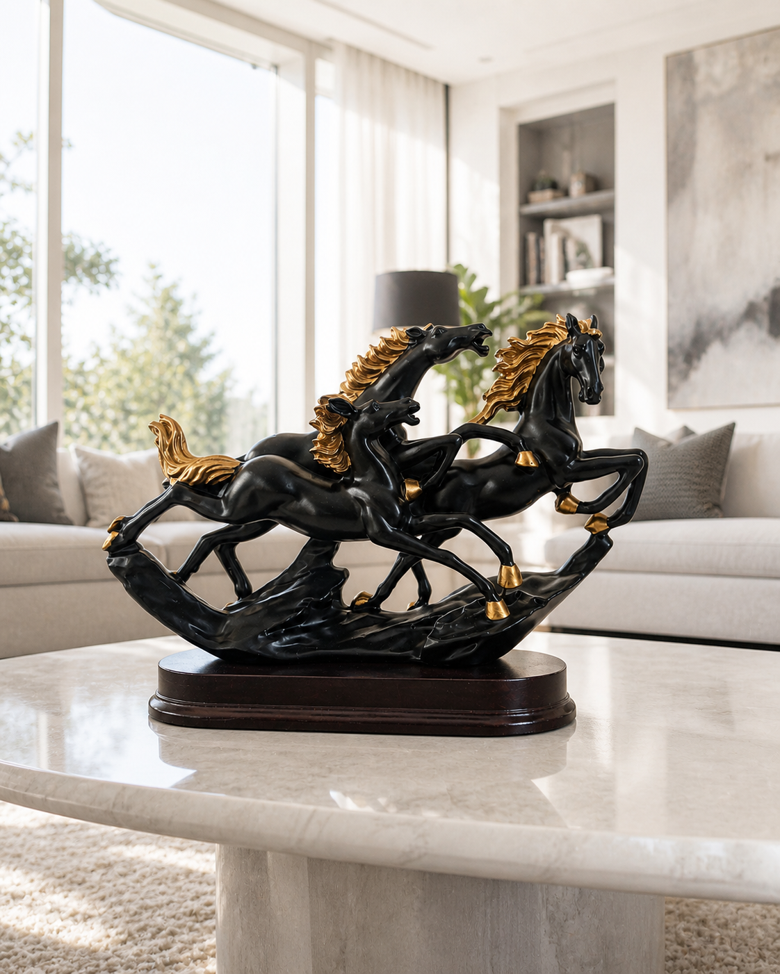 3 Running Horses | Sculpture | Modern Home Decor | Black