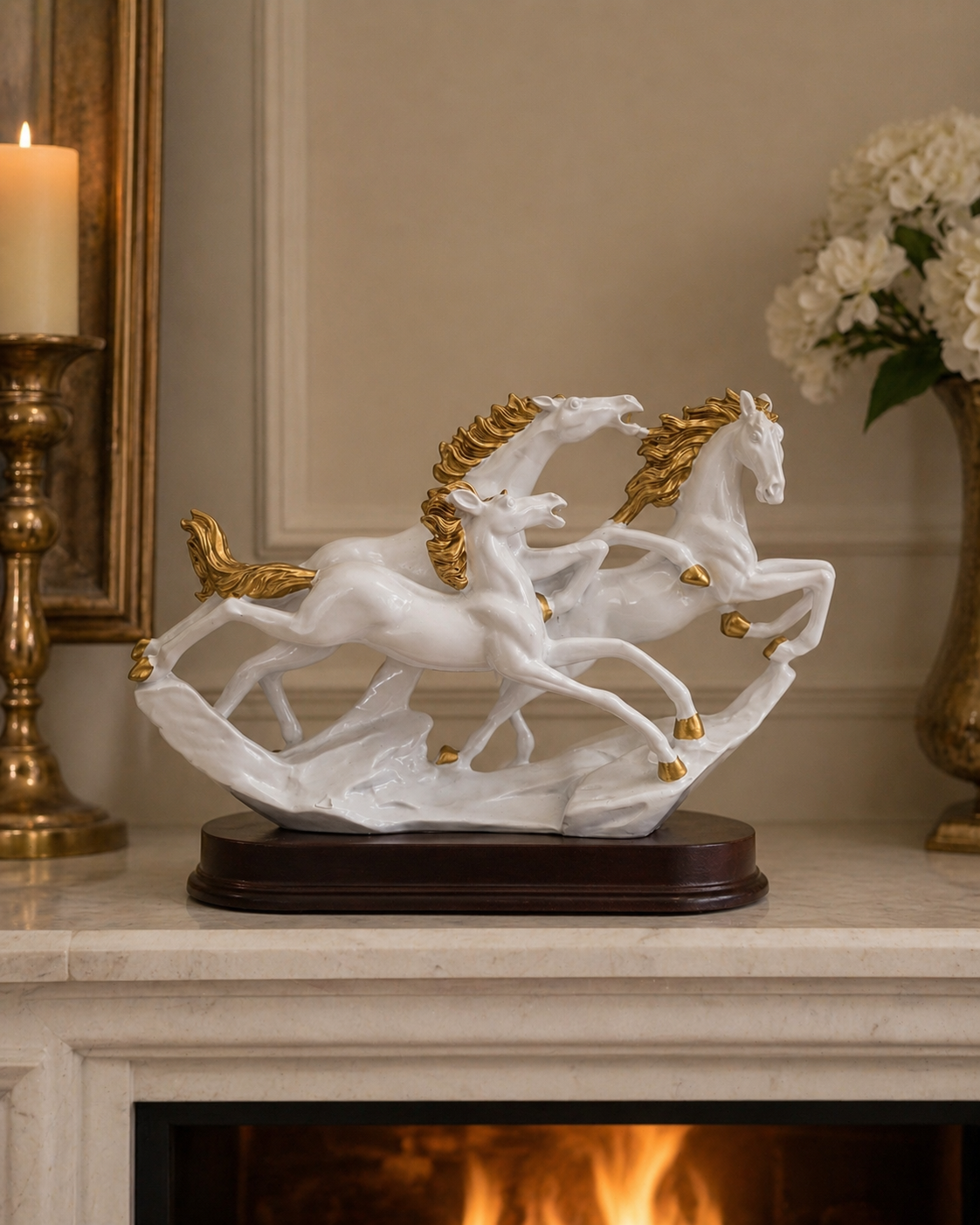 3 Running Horses | Statue | Home Decor Figurine | White