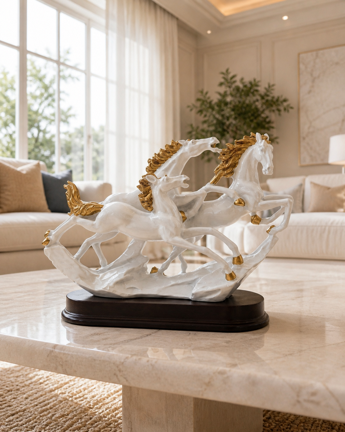 3 Running Horses | Statue | Home Decor Figurine | White