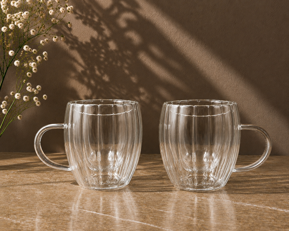 Fluted Double Wall Glass Mug Set | Coffee & Tea Cups| Set of 2