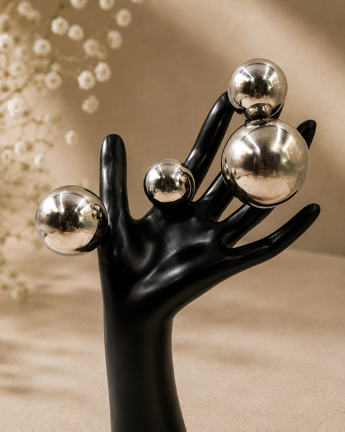 Black Hand Sculpture with Silver Orbs | Modern Abstract Home Decor
