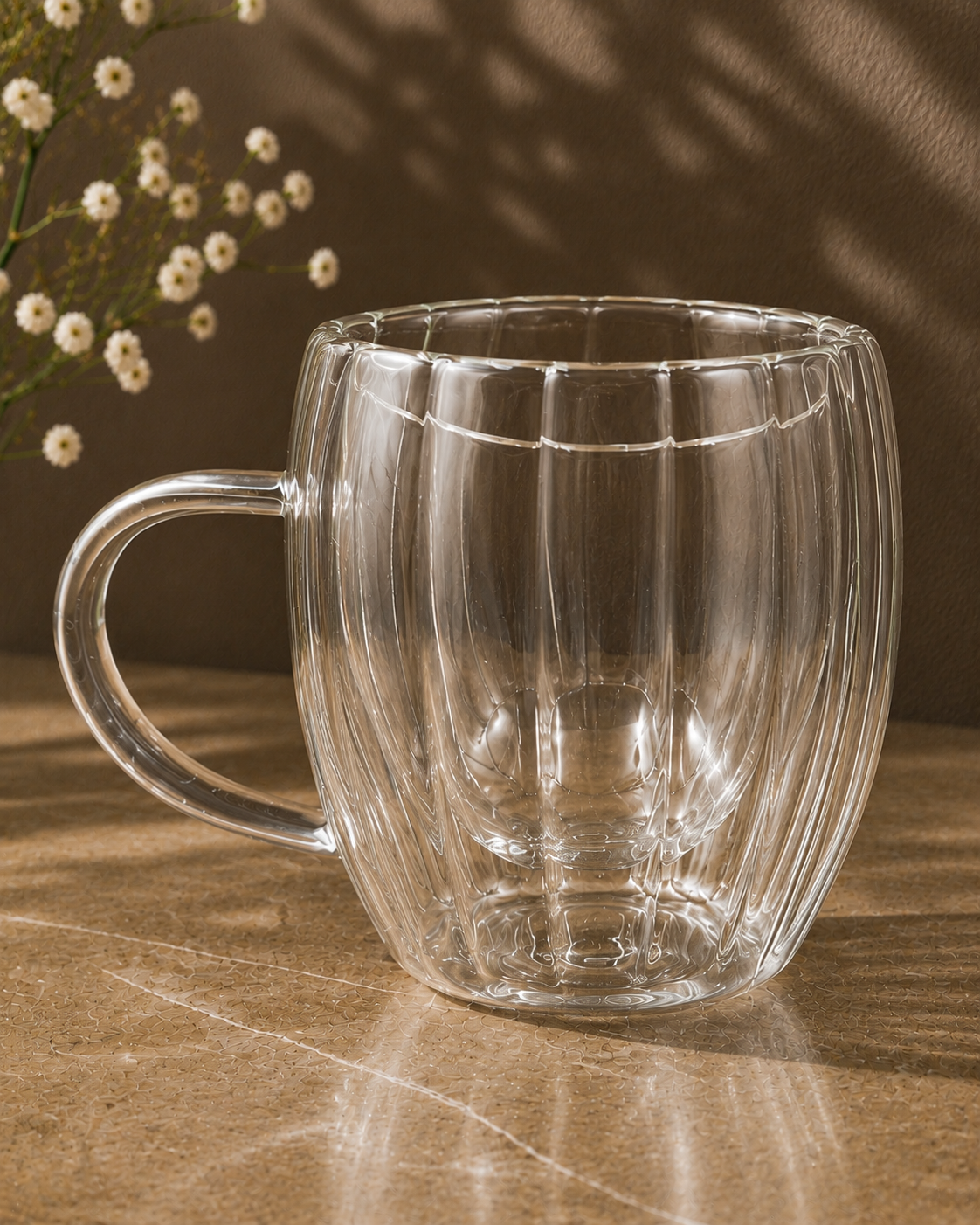 Fluted Double Wall Glass Mug Set | Coffee & Tea Cups| Set of 2
