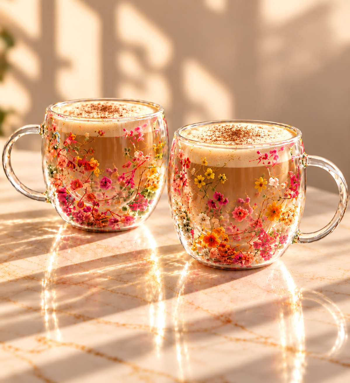 Floral Double Wall Glass Mug Set | Coffee & Tea Cups| Set of 2