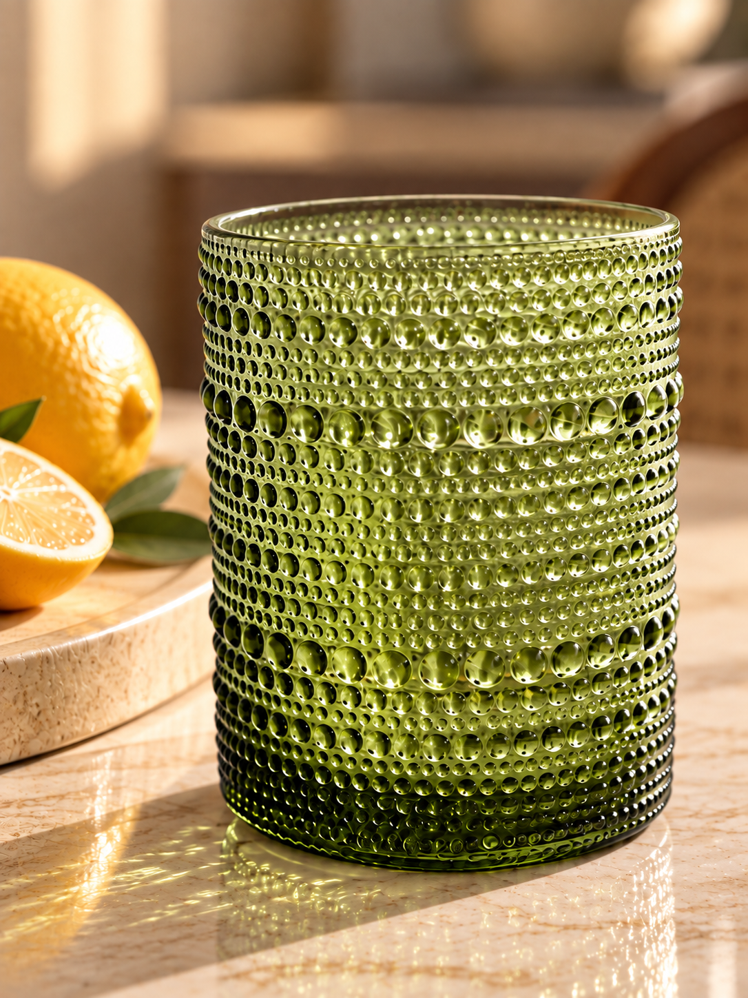 Olive Green Embossed Drinking Glasses Set of 6 | 340ml Tumblers
