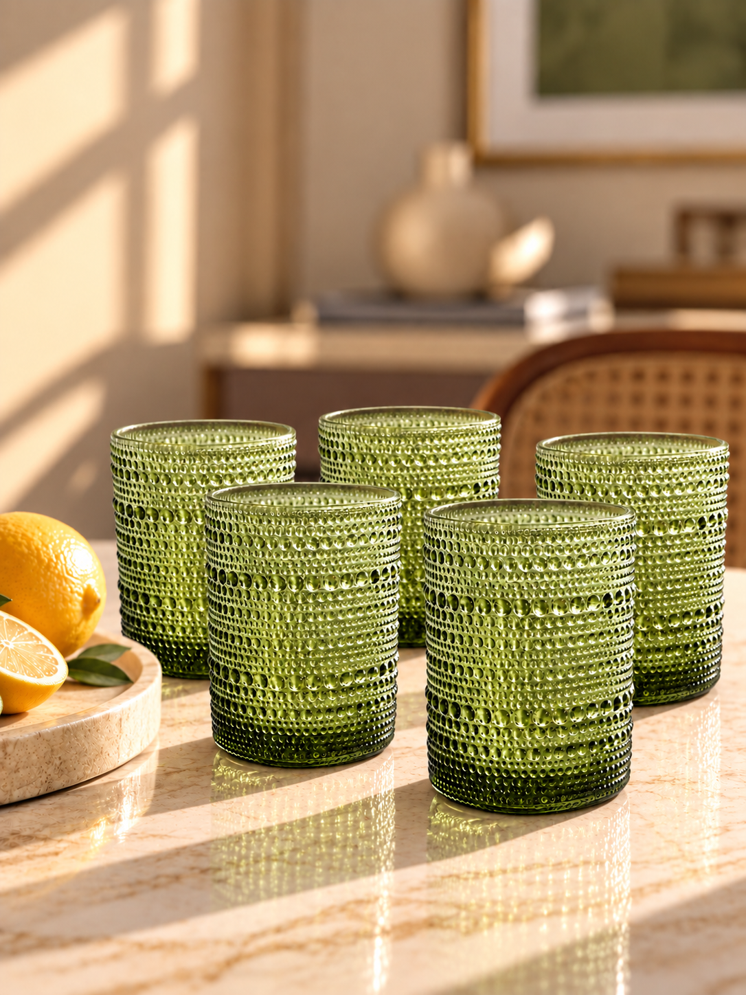 Olive Green Embossed Drinking Glasses Set of 6 | 340ml Tumblers