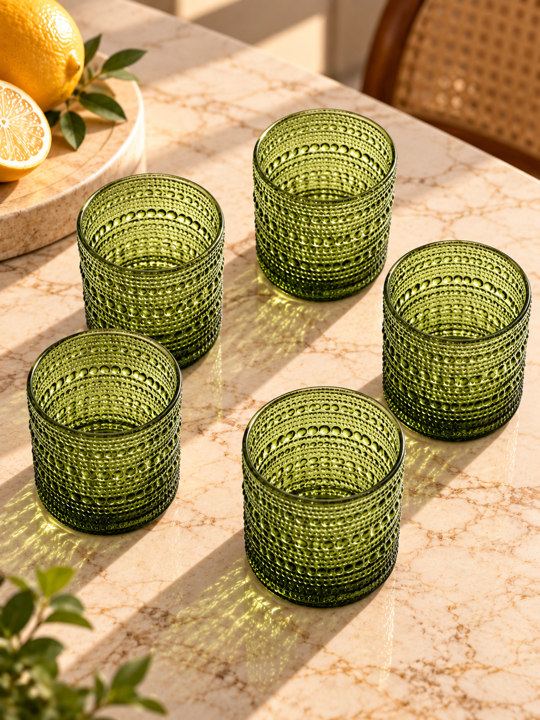 Olive Green Embossed Drinking Glasses Set of 6 | 340ml Tumblers