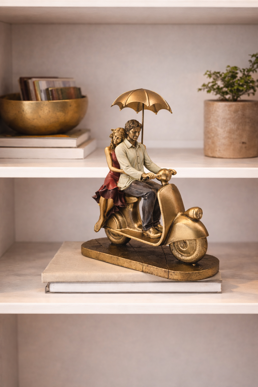Couple Scooter with Umbrella | Figurine | Romantic Decor | Golden