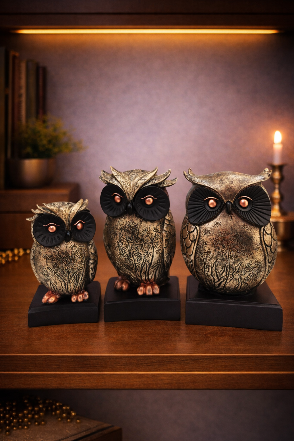 Owl Family | Figurine Set | Wisdom Decor | Gold Silver