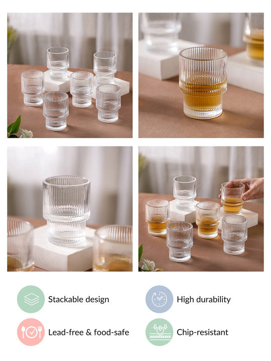 Fluted Drinking Glass Set | Water, Juice, Mocktail, Cocktail Tumblers | Set of 6
