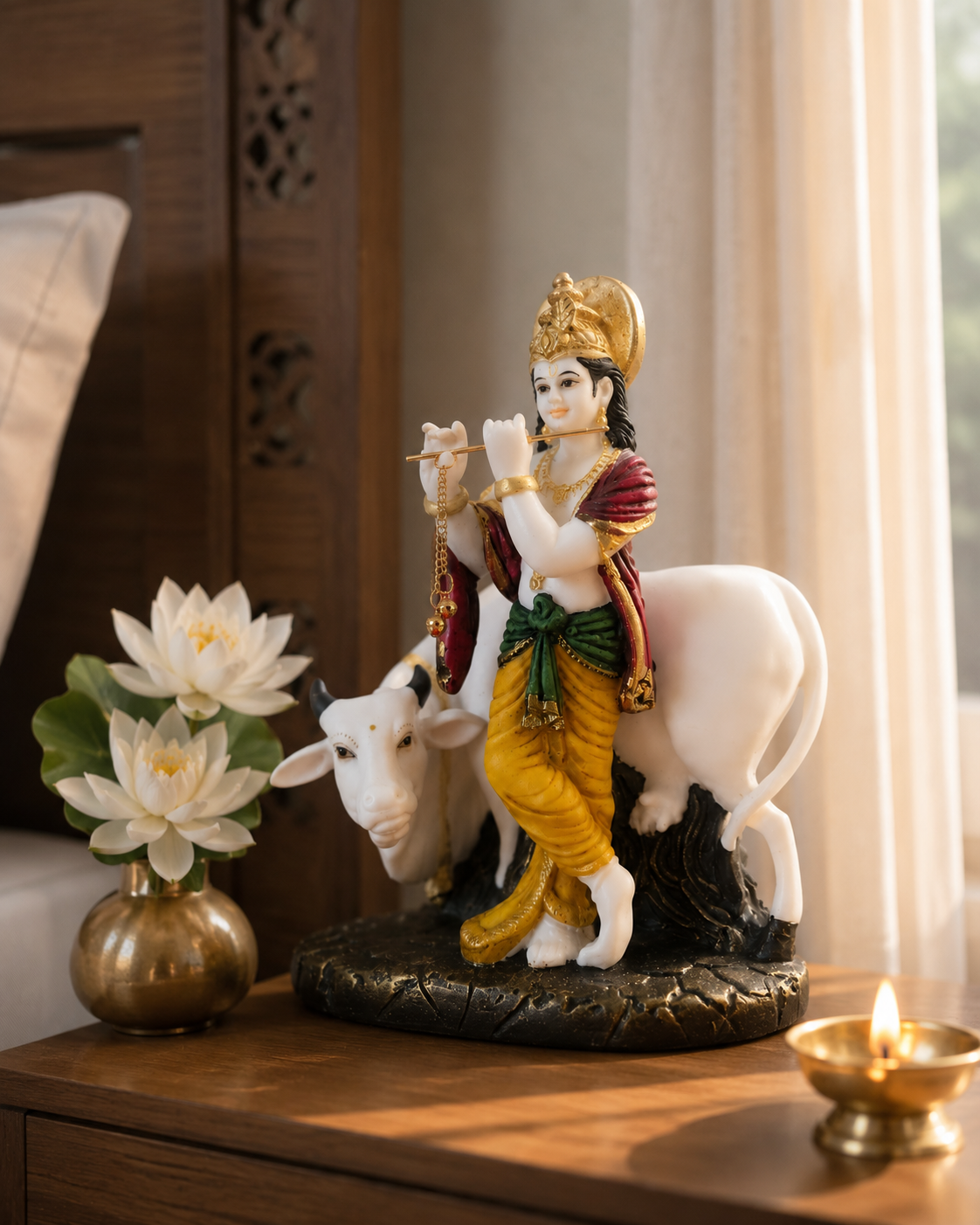 Krishna with Cow Divine Blessings Idol |Krishna with Kamadhenu | Spiritual Decor | Multicolor