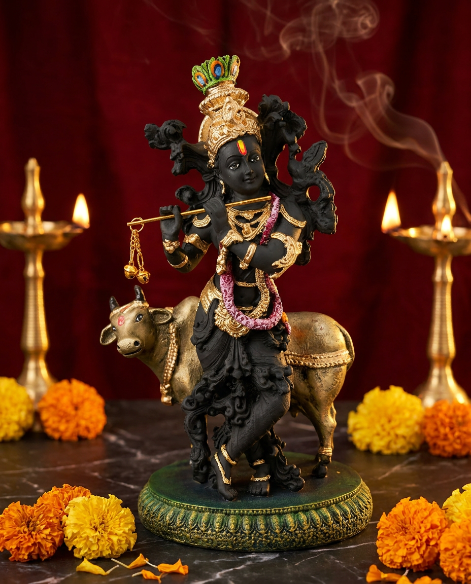 Krishna with Cow | Idol | Spiritual Decor | Black