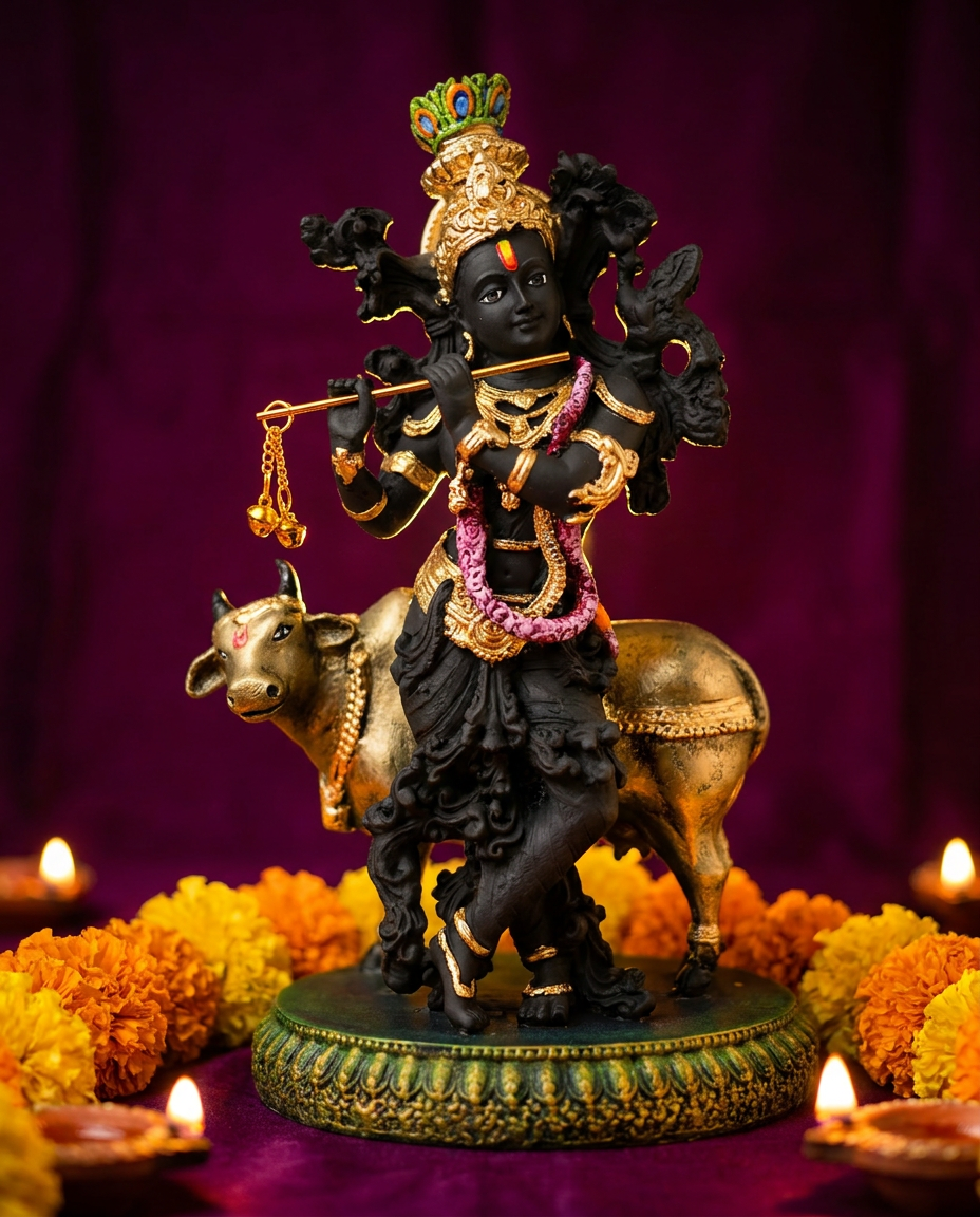 Krishna with Cow | Idol | Spiritual Decor | Black