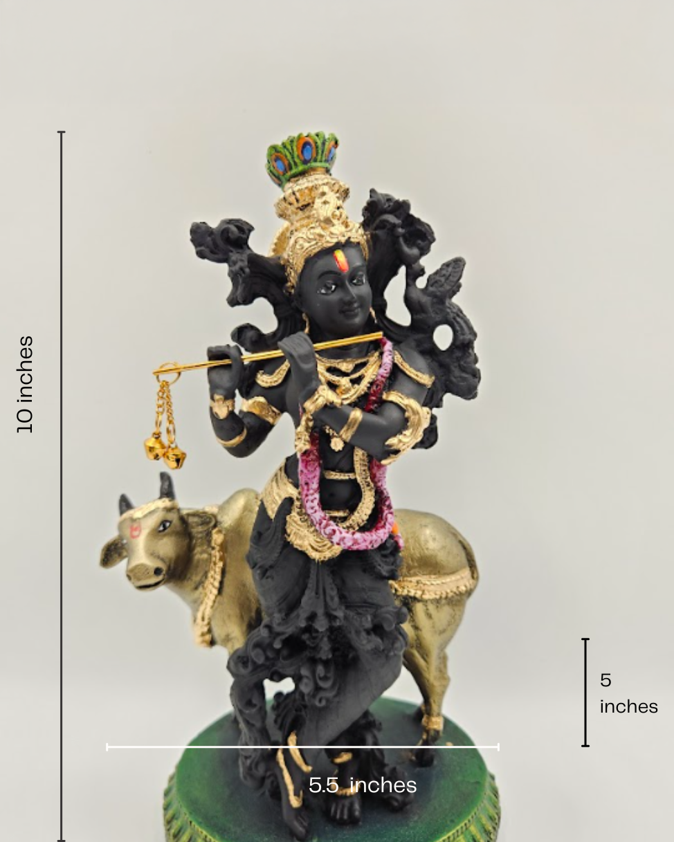 Krishna with Cow | Idol | Spiritual Decor | Black