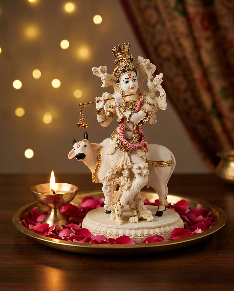 Krishna with Cow | Idol | Spiritual Decor | White