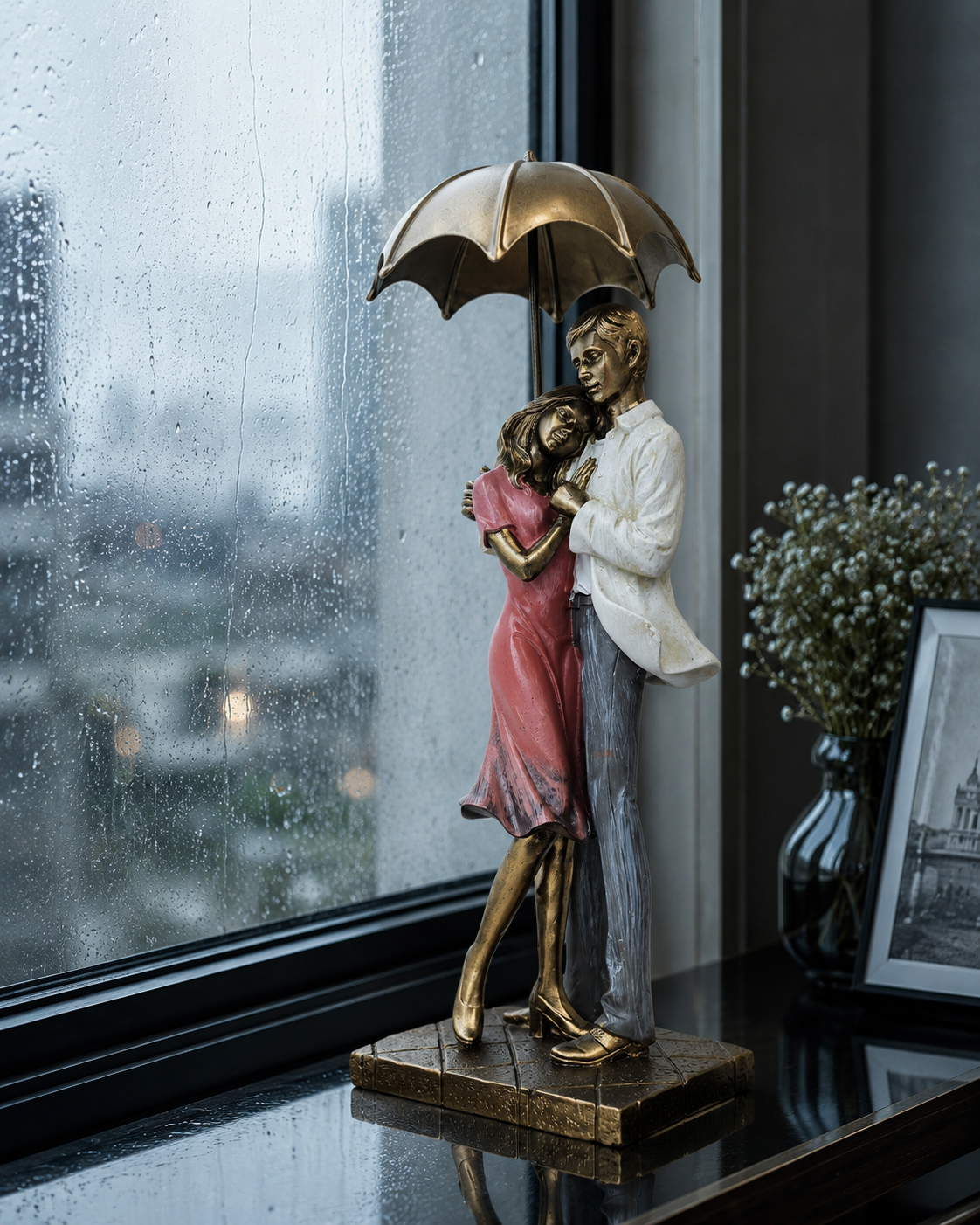 Couple Hug with Umbrella | Figurine | Romantic Decor | Pink White