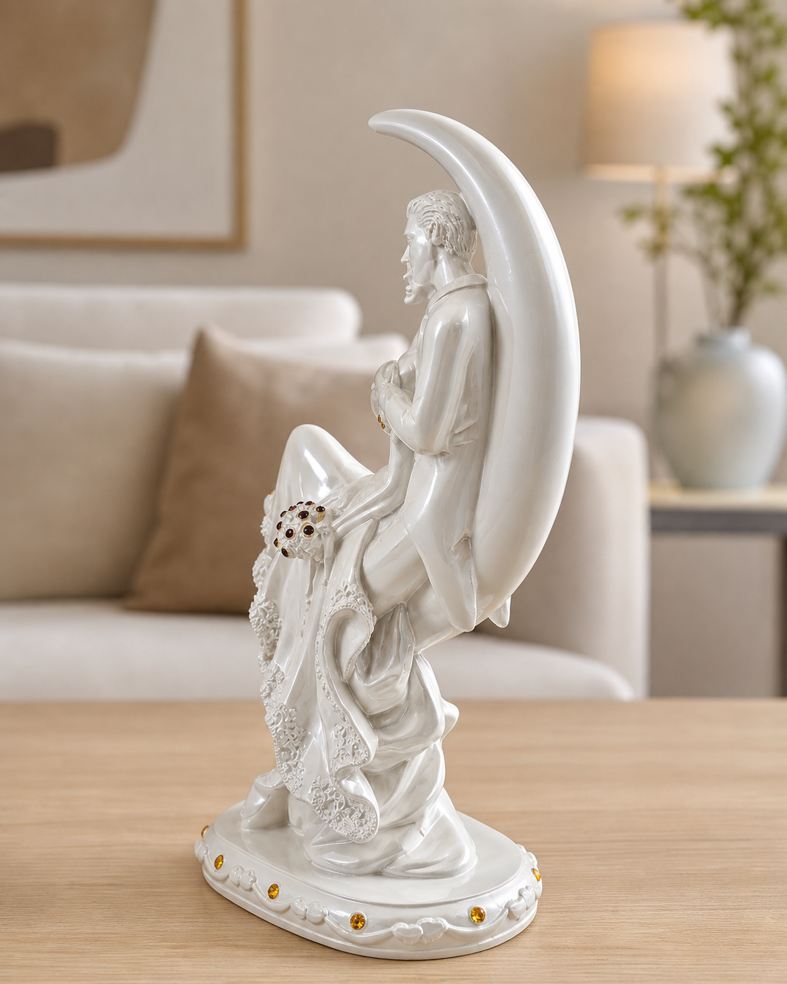 Couple Sitting on Moon | Showpiece | Romantic Decor | White