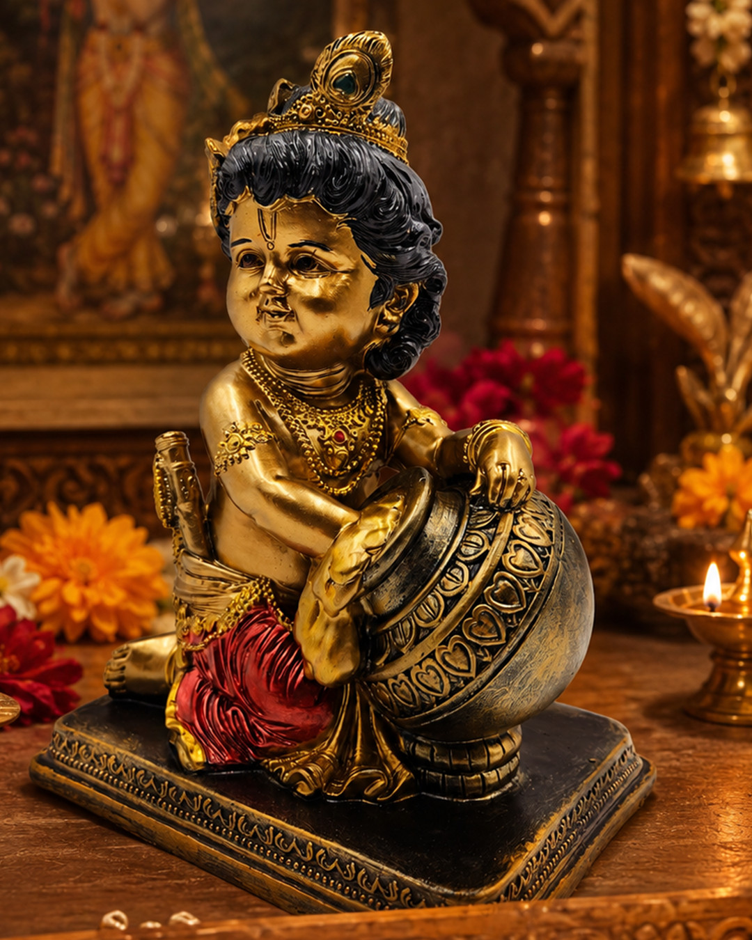 Bal Krishna with Makhan | Idol | Spiritual Decor | Golden Red