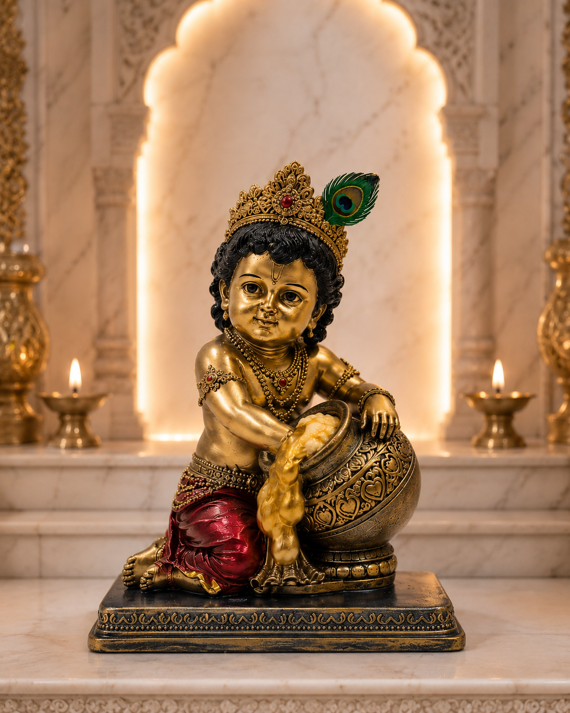 Bal Krishna with Makhan | Idol | Spiritual Decor | Golden Red