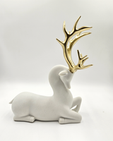 Sitting Deer Long Horn | Figurine | Nature Decor | White