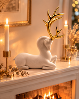 Sitting Deer Long Horn | Figurine | Nature Decor | White