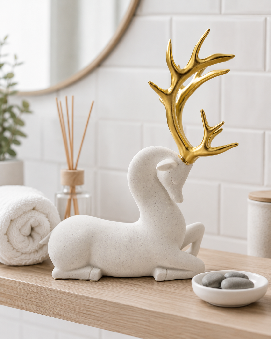 Sitting Deer Long Horn | Figurine | Nature Decor | White