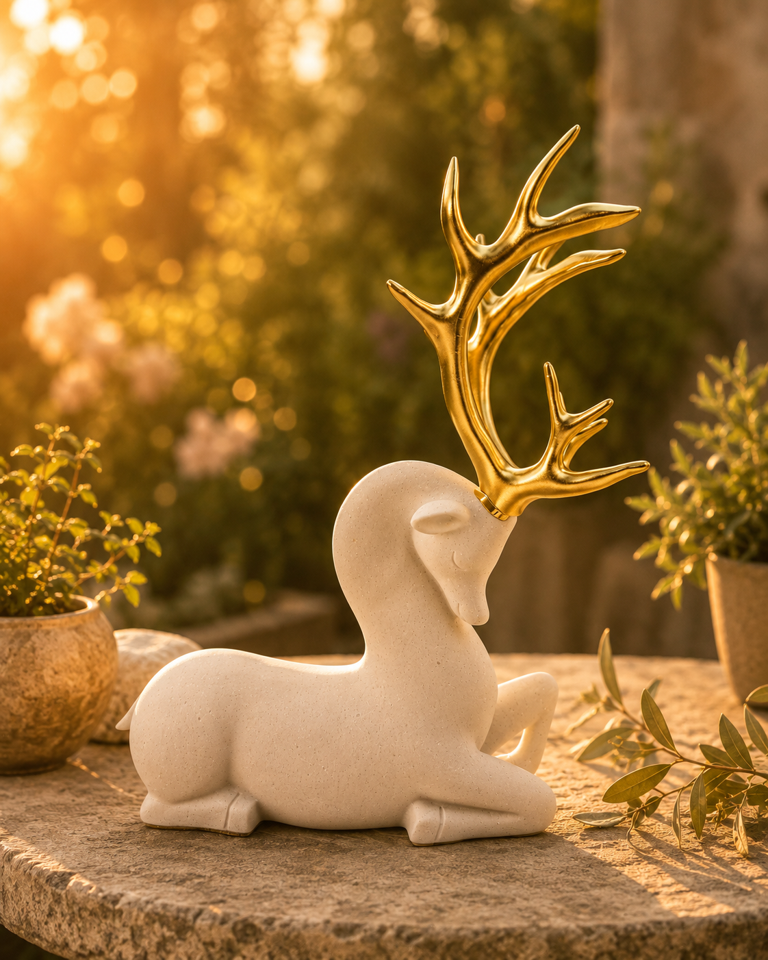 Sitting Deer Long Horn | Figurine | Nature Decor | White
