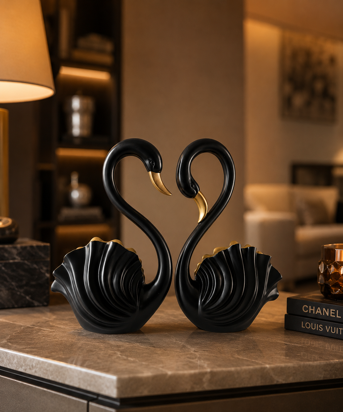 Swan Pair | Figurine | Elegant Decor | Black