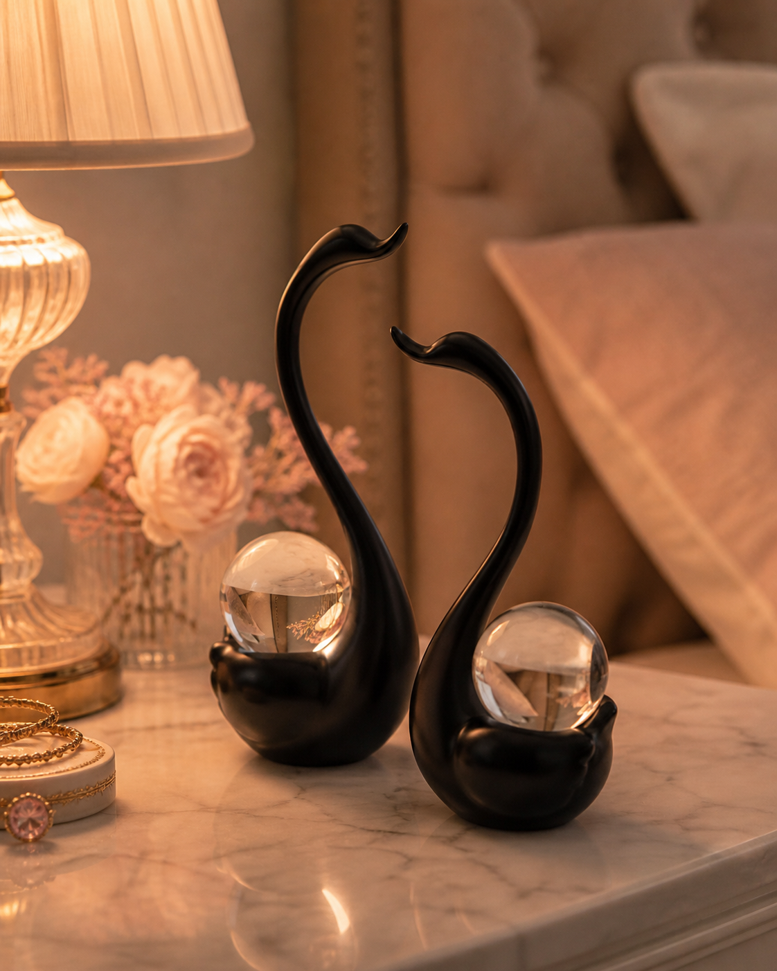 Swan Pair with Crystal Ball | Showpiece | Luxury Decor | Black