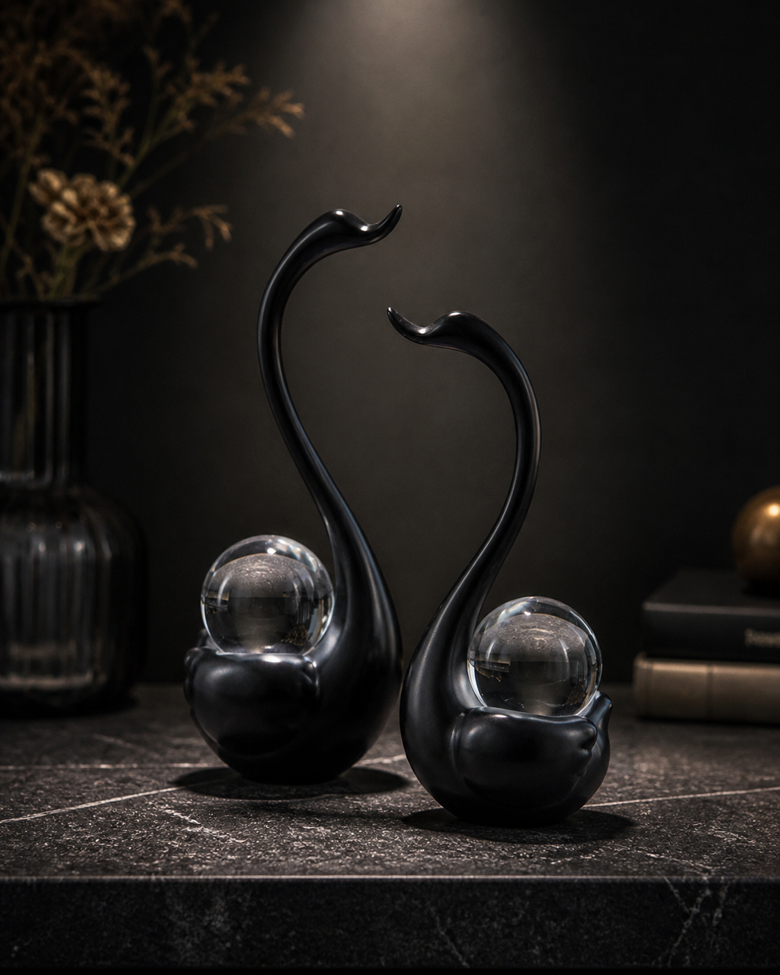 Swan Pair with Crystal Ball | Showpiece | Luxury Decor | Black