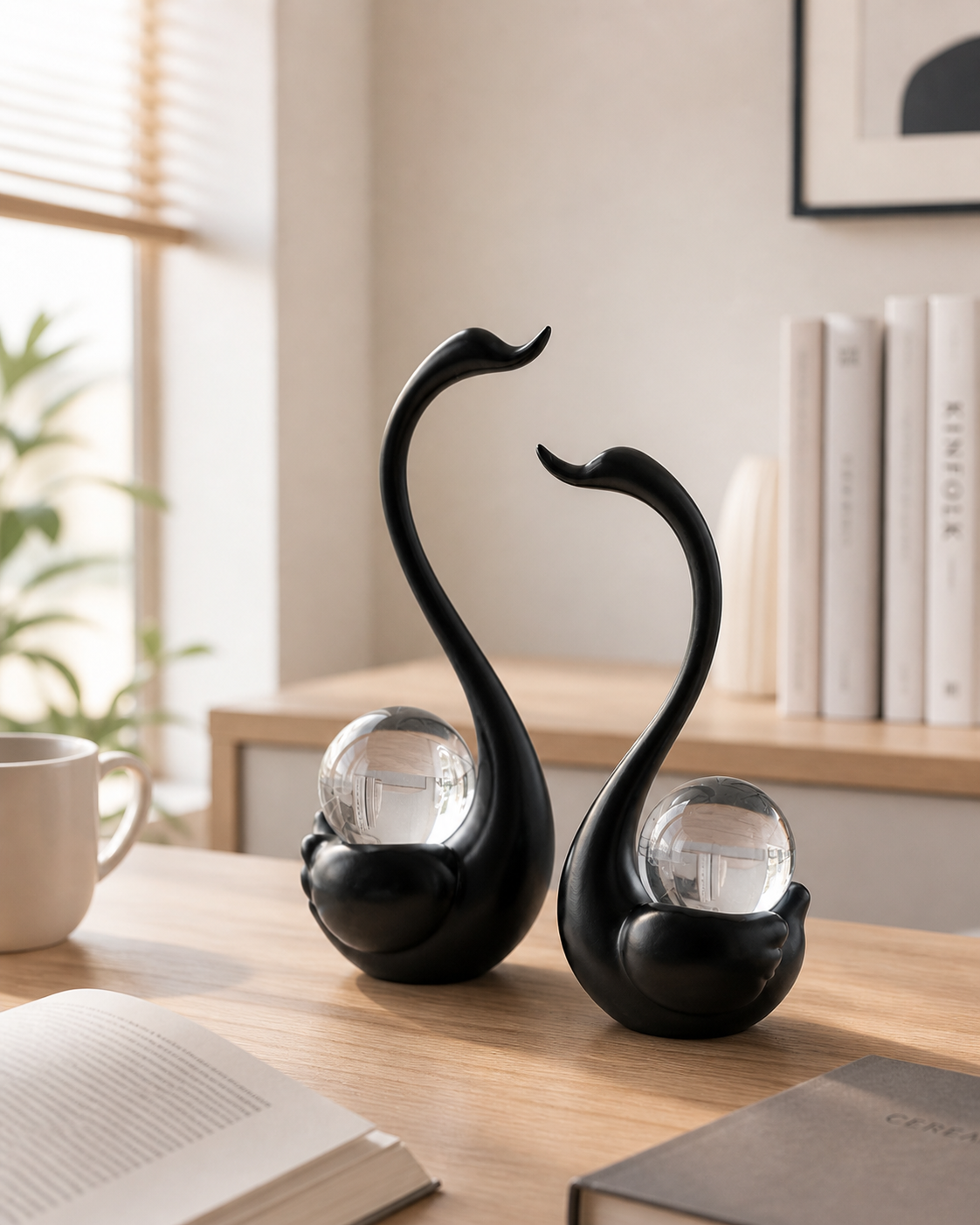 Swan Pair with Crystal Ball | Showpiece | Luxury Decor | Black