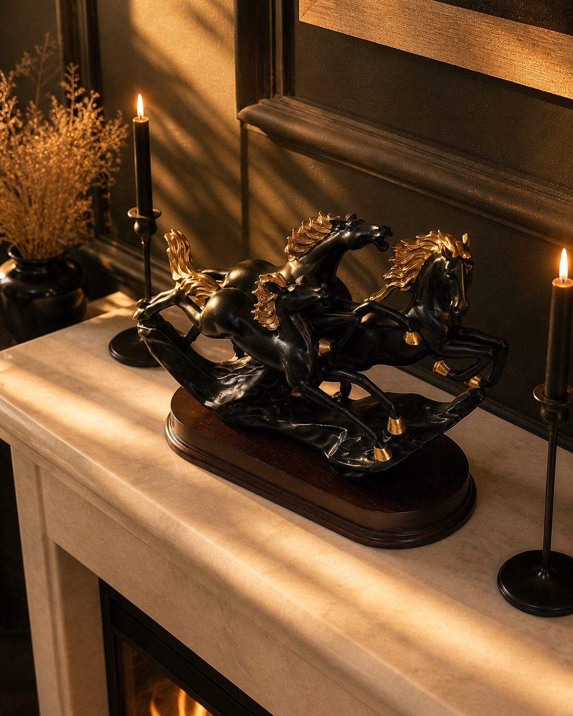3 Running Horses | Sculpture | Modern Home Decor | Black