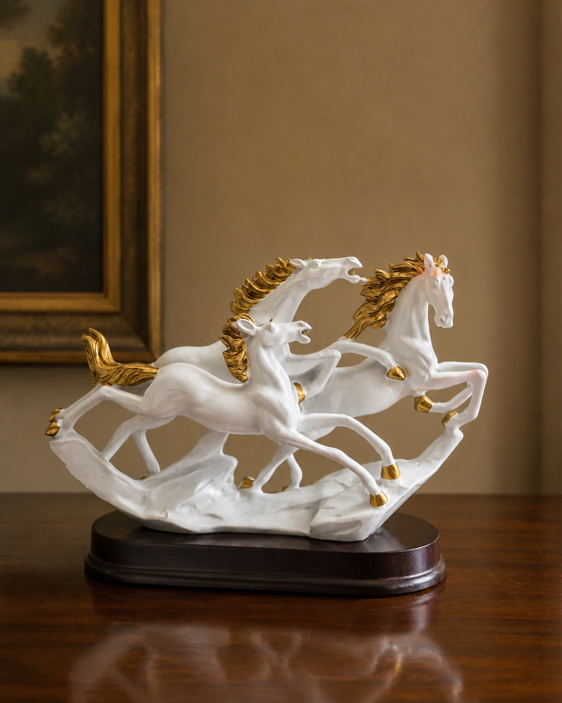 3 Running Horses | Statue | Home Decor Figurine | White