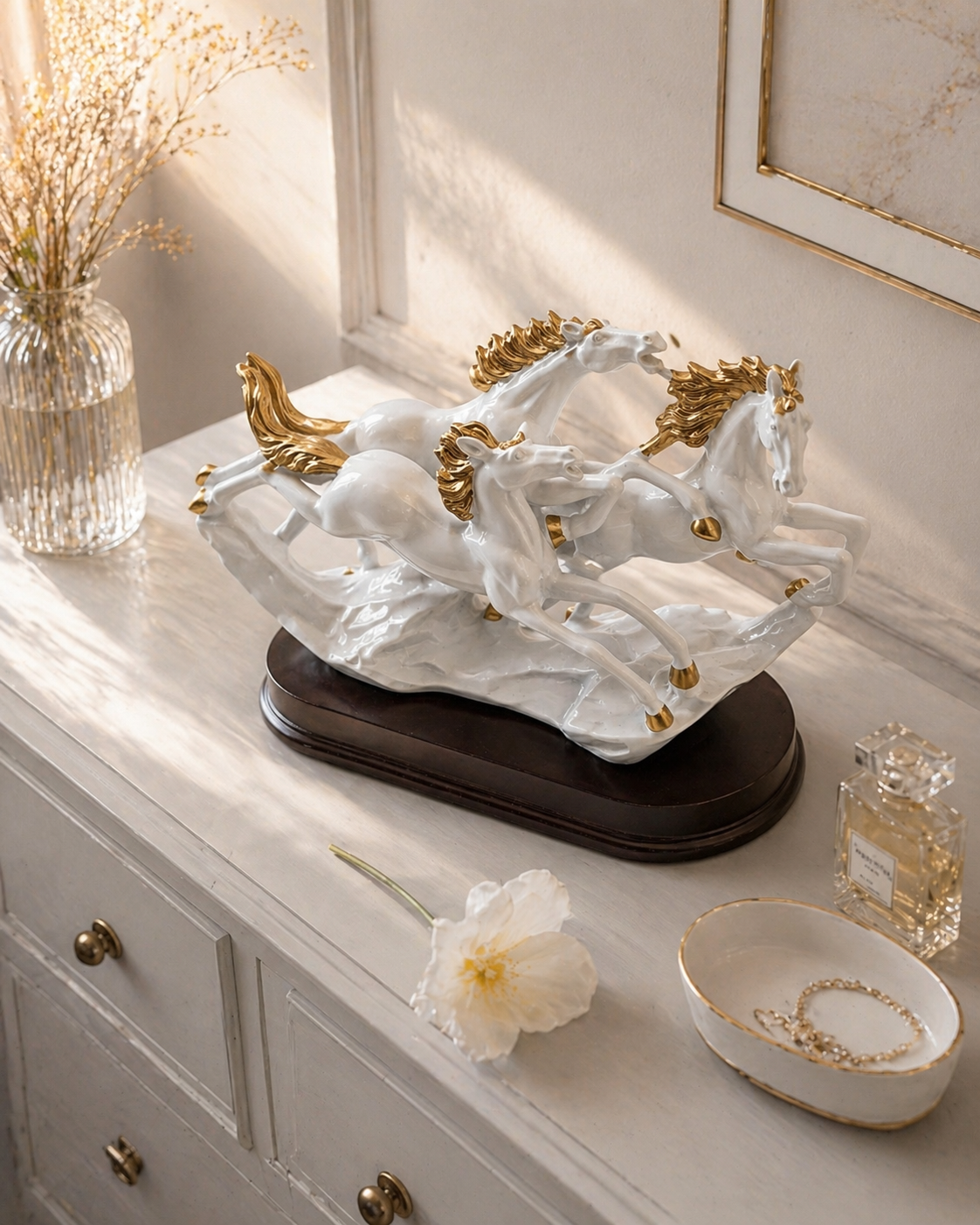 3 Running Horses | Statue | Home Decor Figurine | White