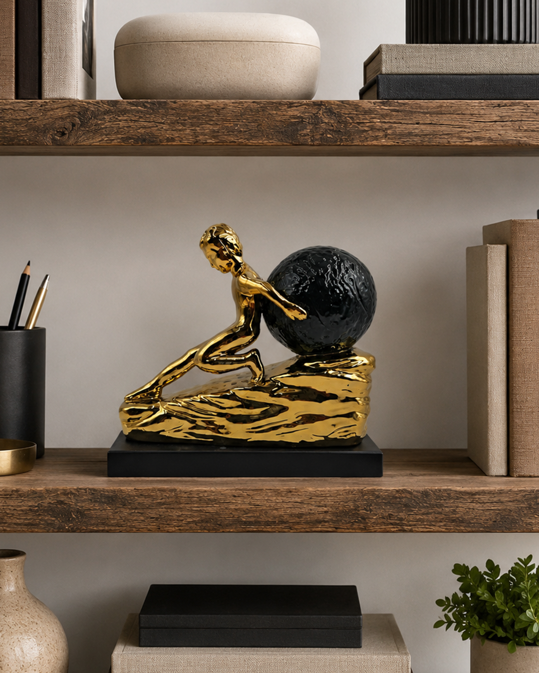 Man with Stone | Figurine | Modern Decor | Golden