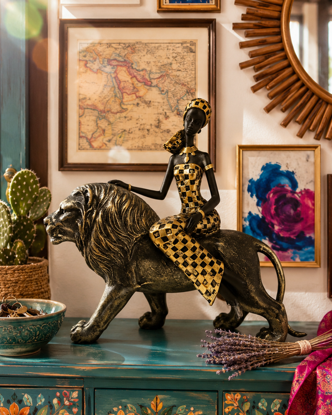 African Lady with Lion | Figurine | Ethnic Decor | Classic