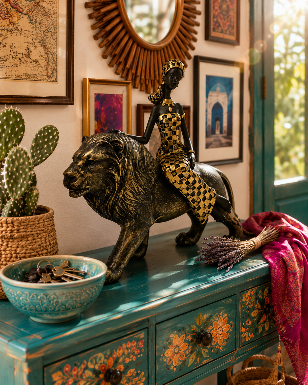 African Lady with Lion | Figurine | Ethnic Decor | Classic