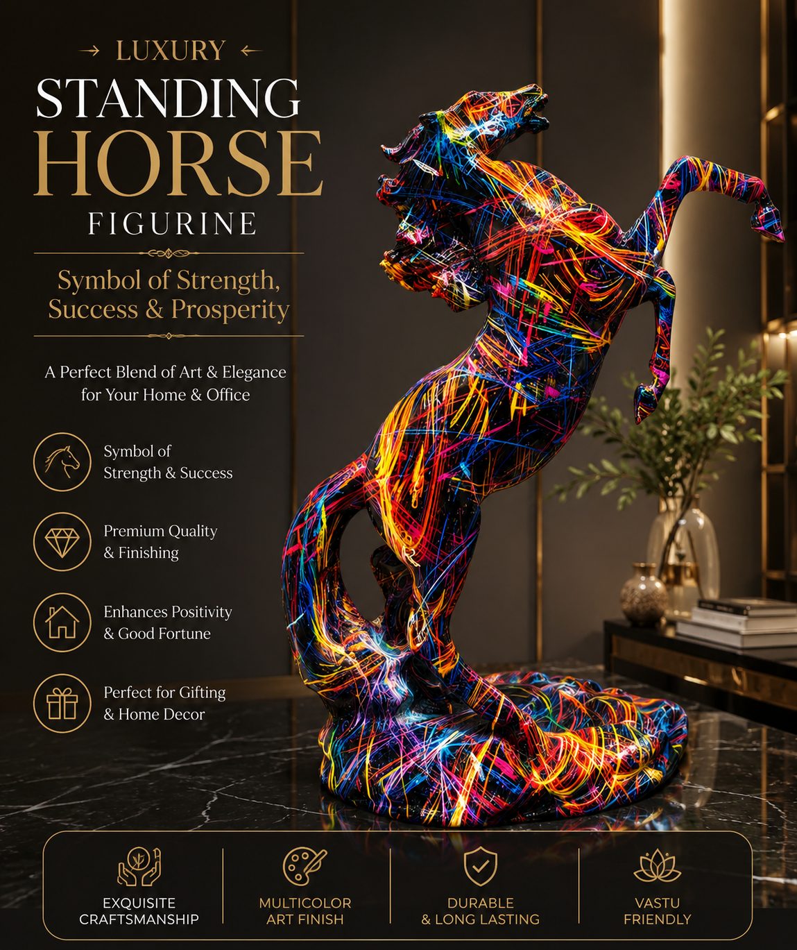 Luxury Colourful Horse Decor Accent | Vastu Showpiece | Symbol of Energy, Success & Prosperity