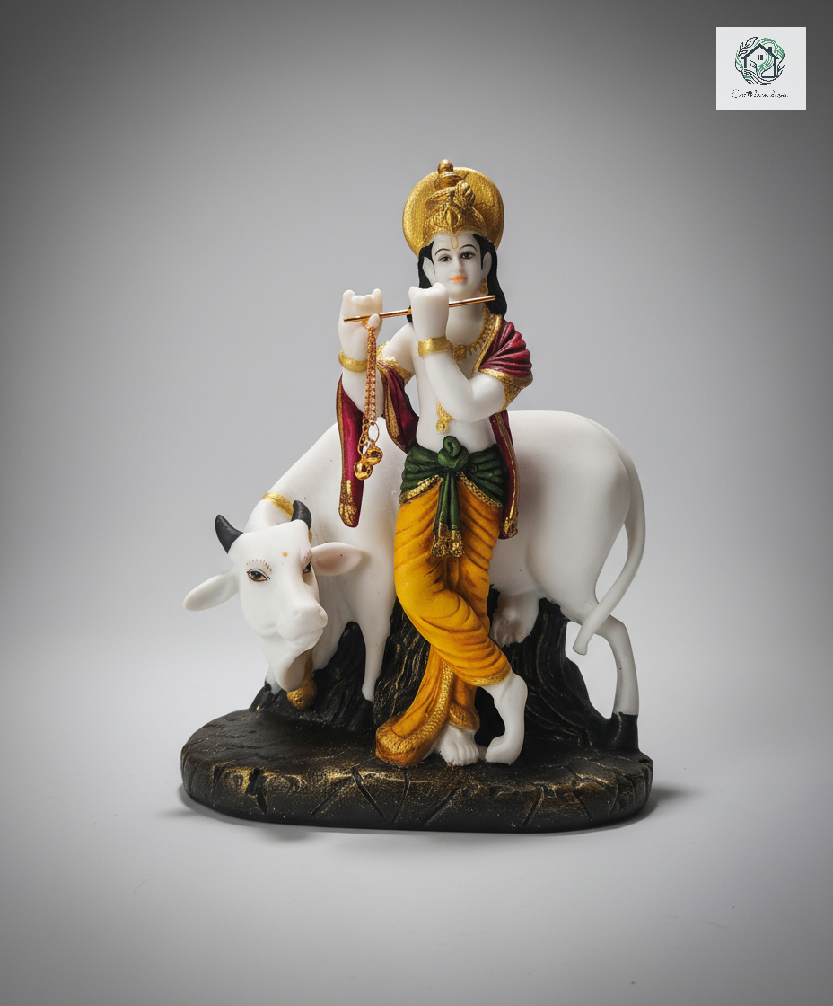 Krishna with Cow | Idol | Spiritual Decor | Multicolor