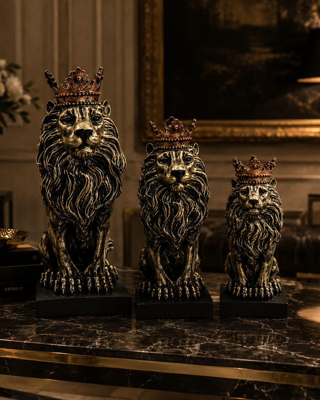 Lion Family | Figurine Set | Luxury Decor | Gold Silver