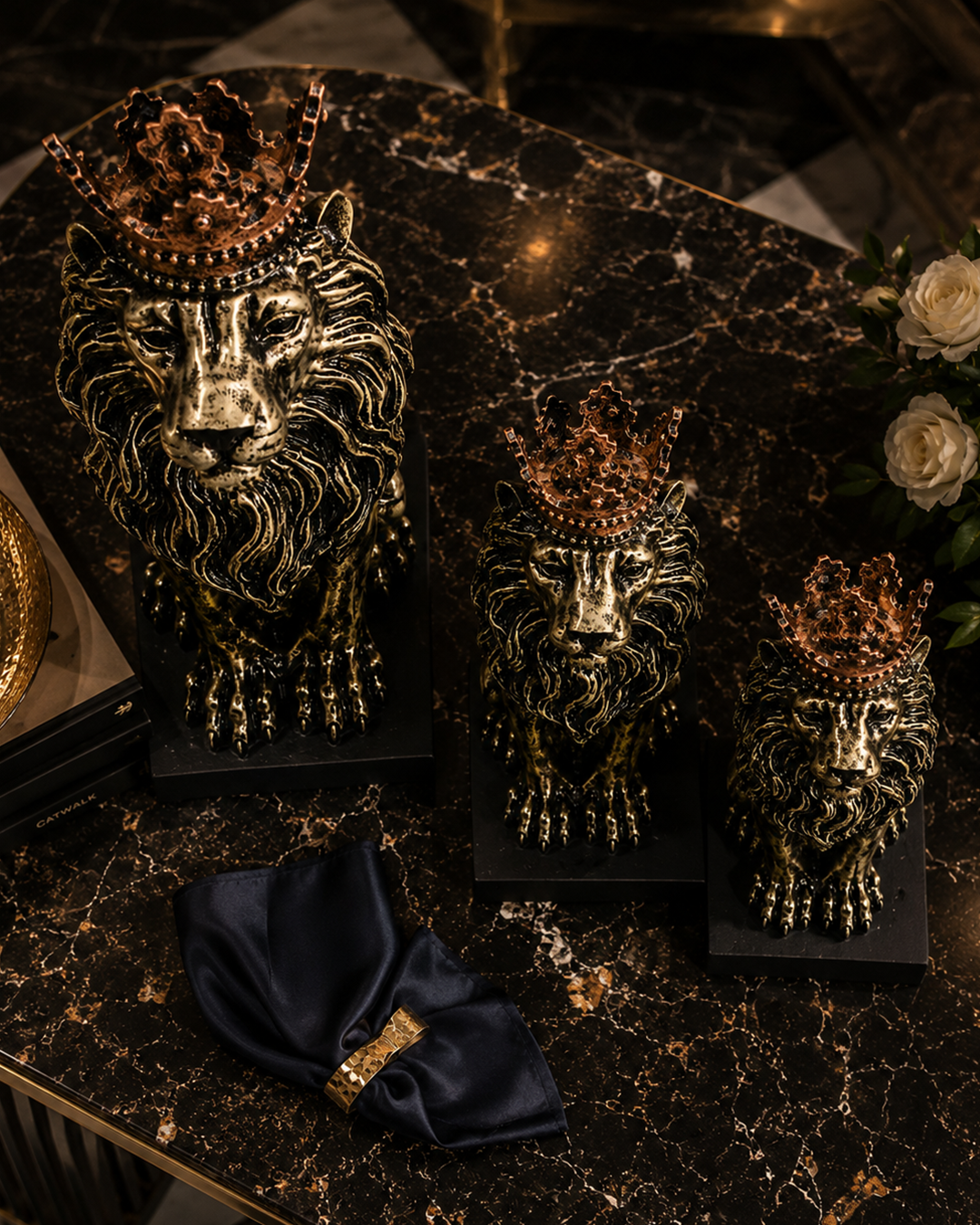 Lion Family | Figurine Set | Luxury Decor | Gold Silver
