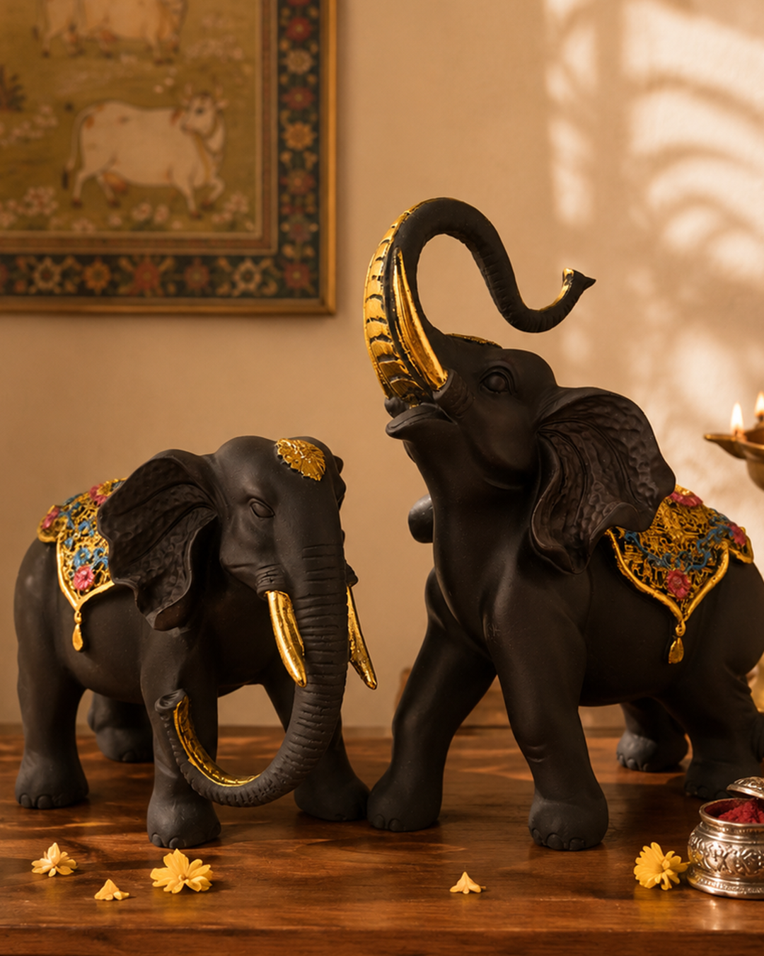 Elephant Pair Large | Figurine | Home Decor | White Brown