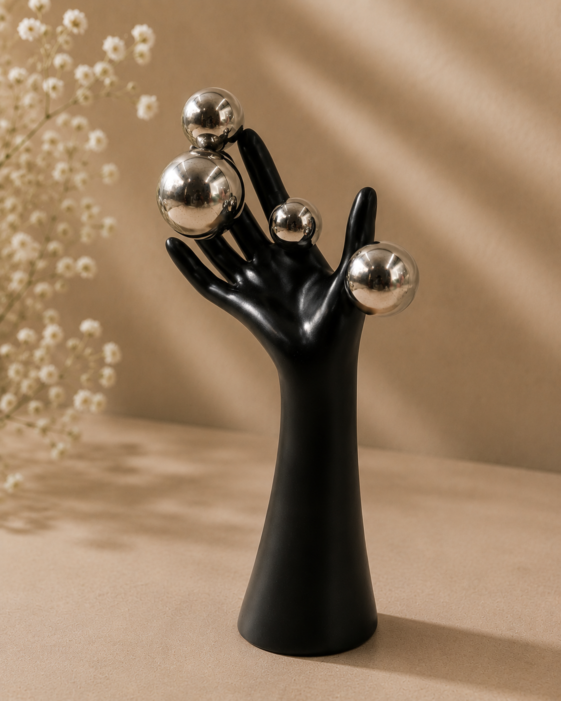 Black Hand Sculpture with Silver Orbs | Modern Abstract Home Decor
