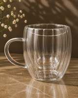 Fluted Double Wall Glass Mug Set | Coffee & Tea Cups| Set of 2
